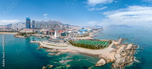 Aerial photography of Qingdao coastline, island and reef scenery