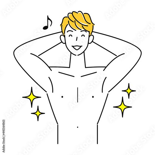 上半身はだかでムダ毛（胸毛・わき毛）を脱毛し綺麗になったボディを見せている笑顔の可愛い男性 イラスト ベクター