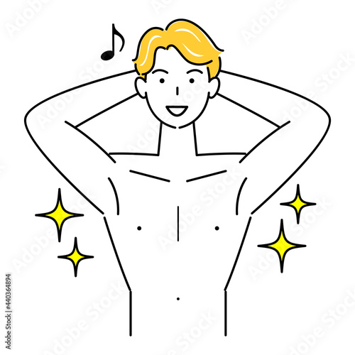 上半身はだかでムダ毛（胸毛・わき毛）を脱毛し綺麗になったボディを見せている笑顔の可愛い男性 イラスト ベクター