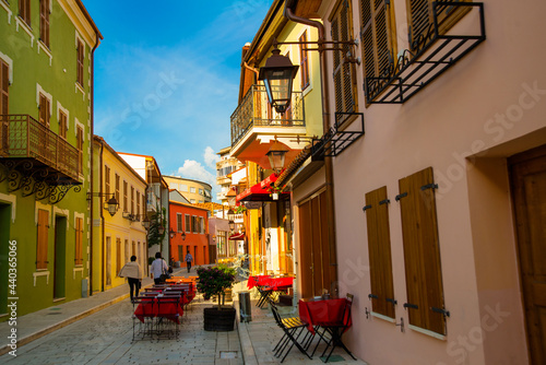 VLORA-VLORE, ALBANIA: Historical multi-colored buildings on the street in the city center. photo