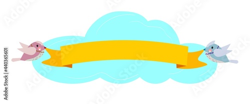Two birds holding ribbon in the sky. Vector template.