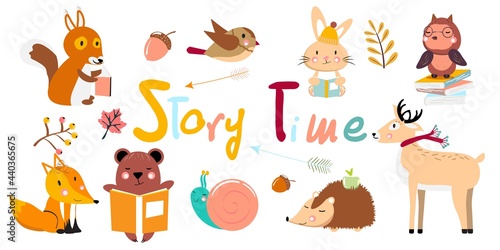 Animals reading books. Story time. Vector collection. Autumn collection.