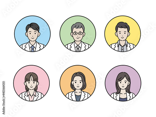 医者　顔　アイコン　女医　研究員　科学者　白衣を着た男女　イラスト素材