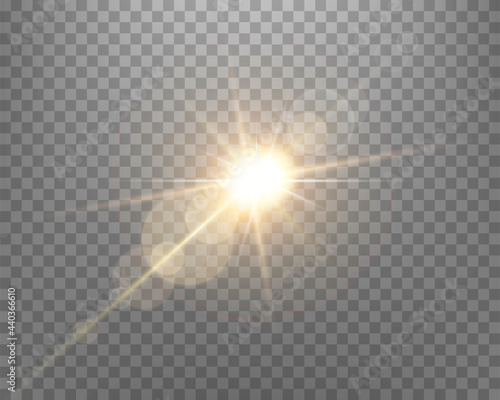 Sunlight lens flare, sun flash with rays and spotlight. Gold glowing burst explosion on a transparent background.  .Vector illustration.