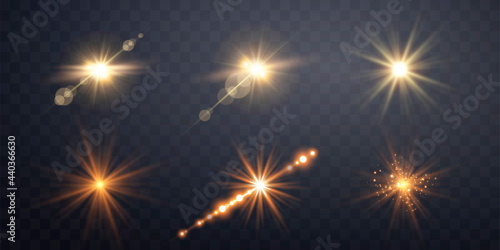 Gold horizontal lens flares set..Isolated on transparent background. Sun flash with rays or gold spotlight and bokeh. Yellow glow flare light effect. Vector illustration.