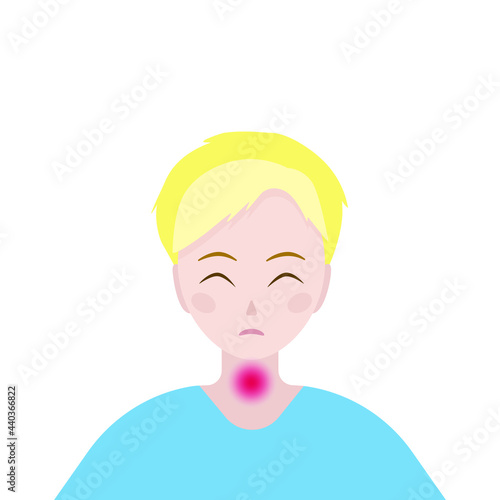 The boy winces at the pain in his throat. Sore throat in a child. Vector illustration.