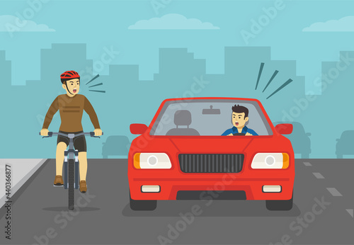 Aggressive and angry male driver is yelling to cyclist. Road rage between biker and sedan car driver. Front view of a city road or highway. Flat vector illustration template.