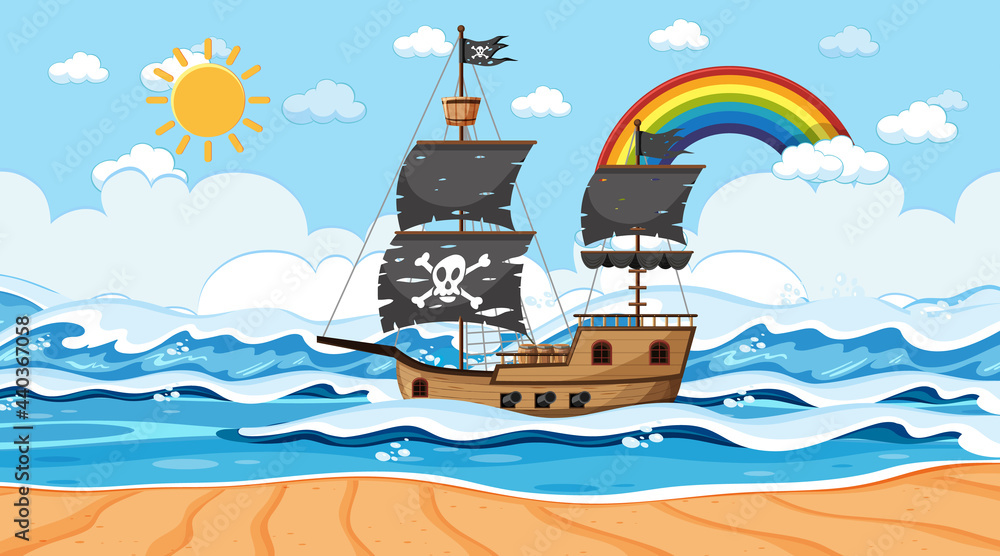 Ocean with Pirate ship at day time scene in cartoon style Ocean with Pirate ship at day time scene in cartoon style