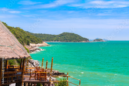 Landscape of Seascape at Koh sichang is a tropical island with emerald green water and beautiful beaches in the clear blue sky.