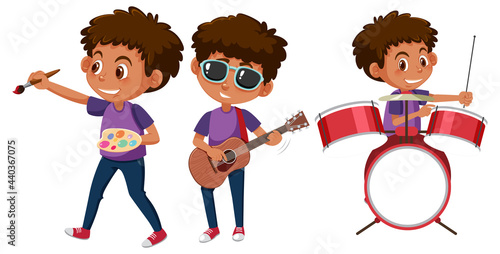 Set of a boy cartoon character doing different activities
