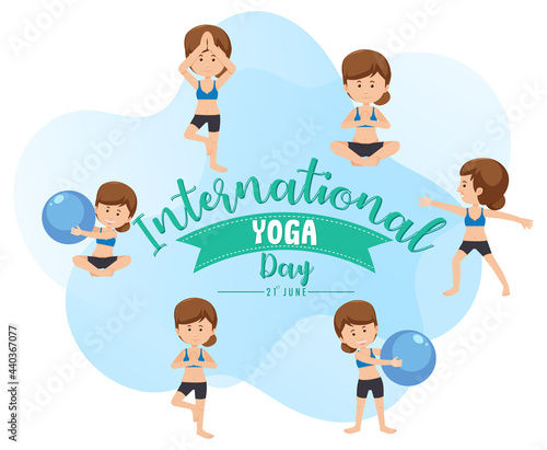 International Yoga Day banner with woman doing different yoga poses
