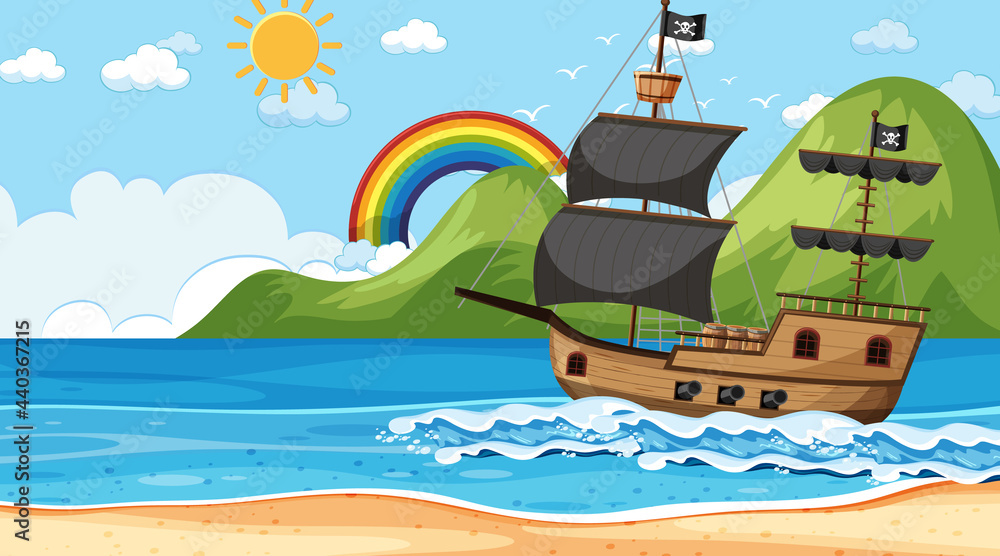 Ocean with Pirate ship at day time scene in cartoon style Ocean with Pirate ship at day time scene in cartoon style