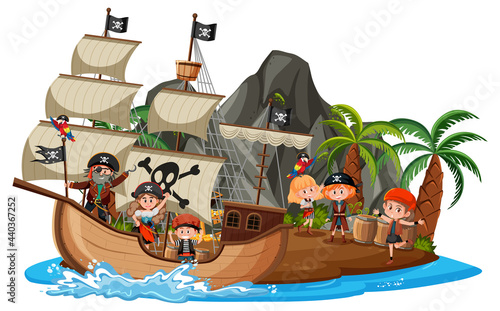 Pirate ship on island with many kids isolated on white background