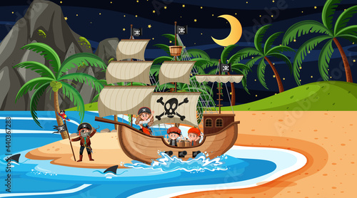 Beach with Pirate ship at night scene in cartoon style photo