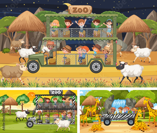 Different safari scenes with animals and kids cartoon character