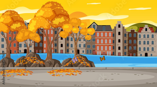 Many buildings in the town scene at sunset time