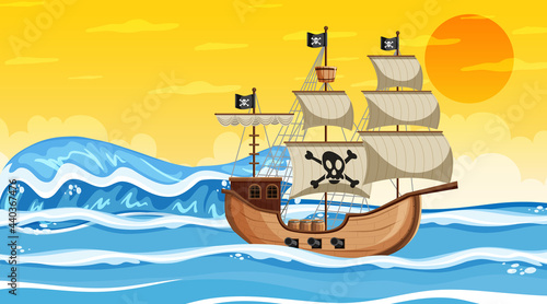 Ocean scene at sunset time with Pirate ship in cartoon style