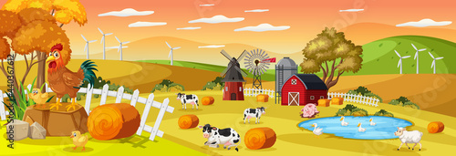 Farm horizontal landscape scene with farm animals