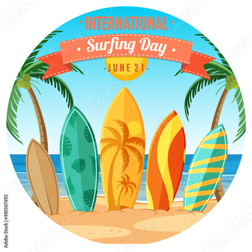 International Surfing Day banner with many surfboards on the beach isolated