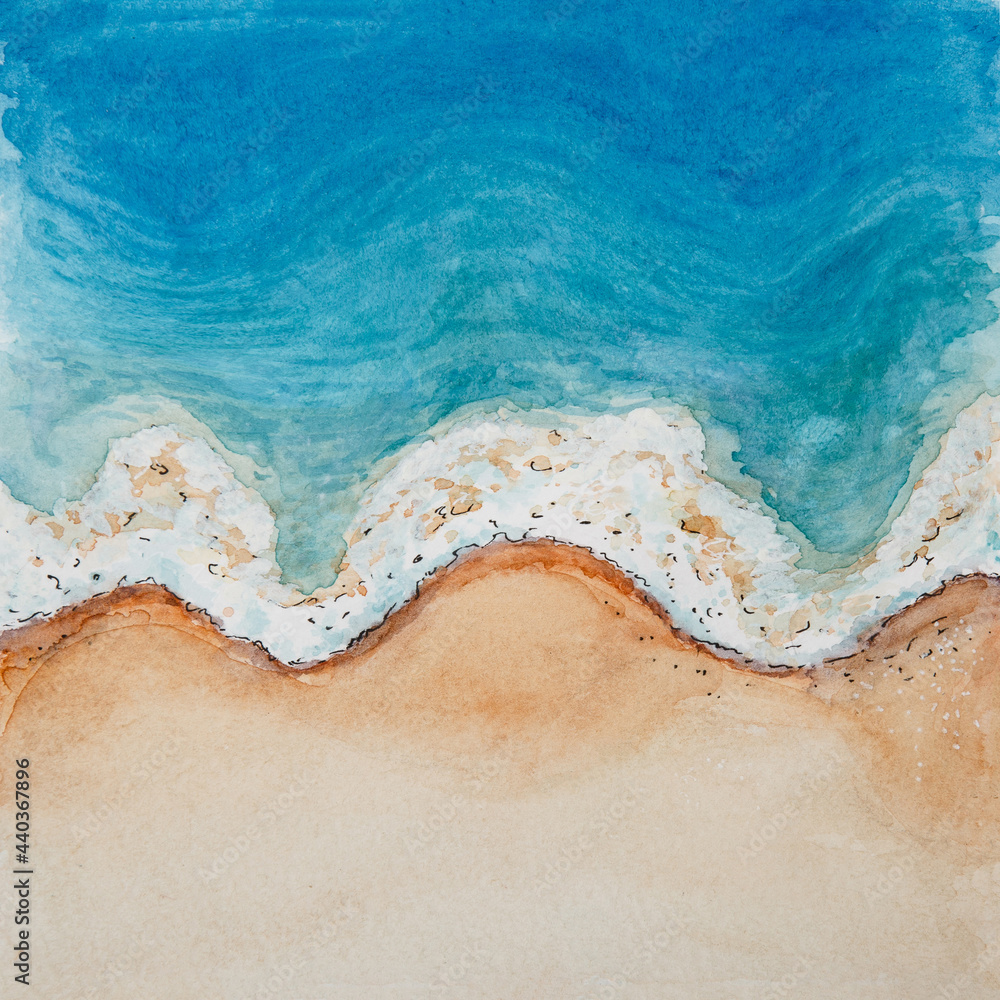 Sea holidays art textured background. Watercolor picture with sea waves. Beach holidays. Vacation concept