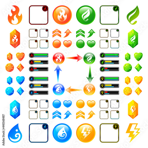 ゲーム 素材 アイコン 宝石 セット 4属性 炎 水 草 雷