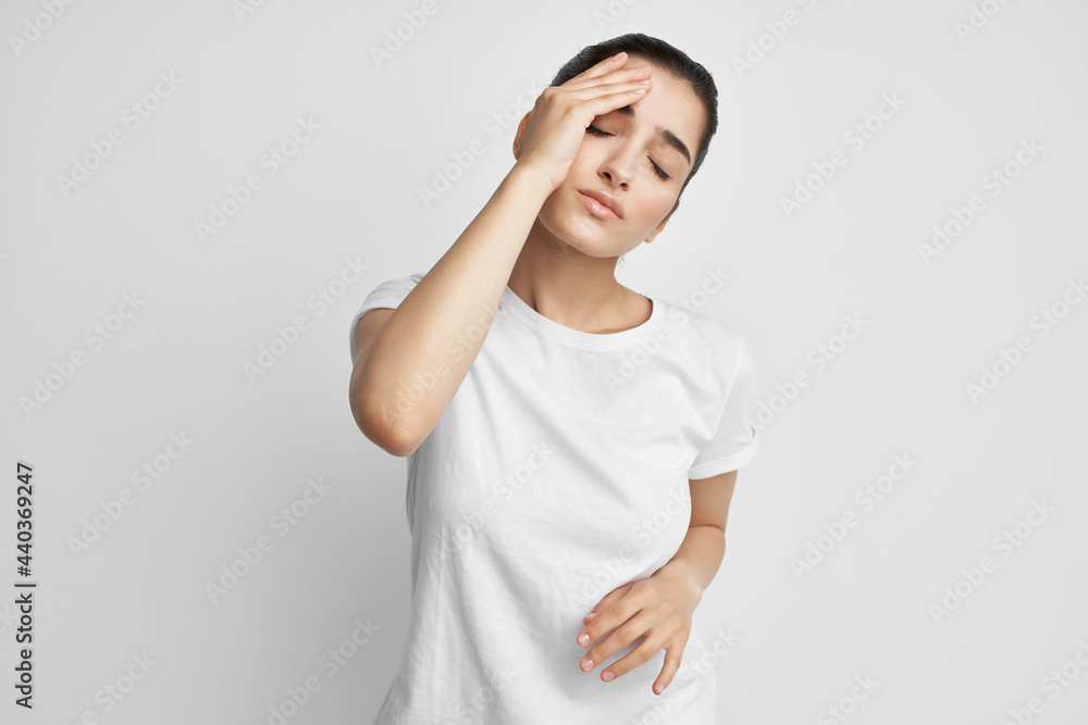 upset woman headache emotions treatment depression isolated background upset woman headache emotions treatment depression isolated background