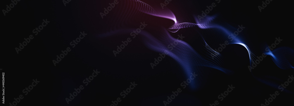 Abstract colorful digital particles wave with bokeh and light background, 3d render wave line dot background, line wave light glowing effect particular background.