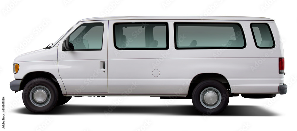 Side view of a classic American passenger minibus in white. Isolated on a white background.