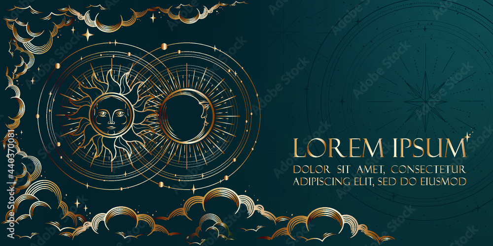 Occult banner for astrology, divination, tarot with symbols of moon, sun, stars. Magic background design vector illustration in gold colour. Landing page, web design. Occultism and astrology concept. - obrazy, fototapety, plakaty 