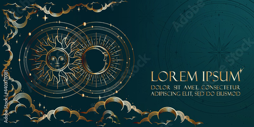 Occult banner for astrology, divination, tarot with symbols of moon, sun, stars. Magic background design vector illustration in gold colour. Landing page, web design. Occultism and astrology concept.