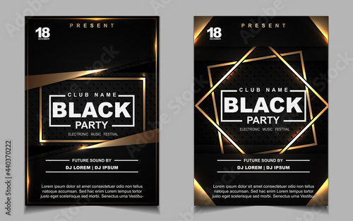 Luxury night dance party music layout cover design template background with elegant black and gold style. Light electro style vector for music event concert disco  club invitation  festival poster