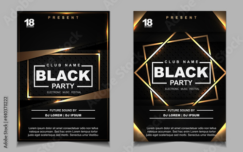 Luxury night dance party music layout cover design template background with elegant black and gold style. Light electro style vector for music event concert disco, club invitation, festival poster