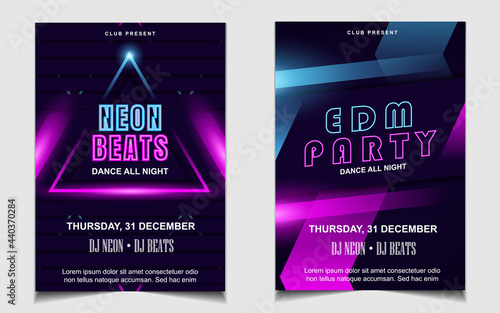 Night dance party music layout cover design template background with colorful dark blue glitters style. Light electro vector for music event concert disco, club invitation, festival poster, flyer