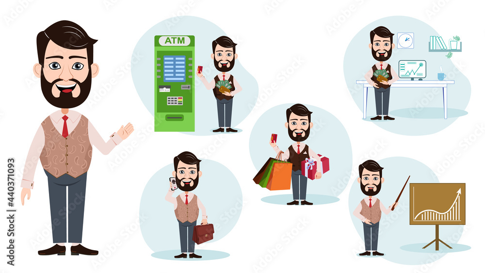 A businesslike cartoon man. Vector set with the image of a cartoon businessman. Businessman for animation. Cartoon man with money, with a schedule, with a phone and with a credit card next to an ATM
A businesslike cartoon man. Vector set with the image of a cartoon businessman. Businessman for animation. Cartoon man with money, with a schedule, with a phone and with a credit card next to an ATM