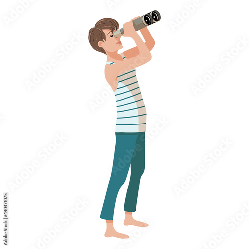 Guy looking into the distance through binoculars. Colorful vector illustration isolated on white background.