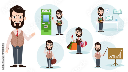 A businesslike cartoon man. Vector set with the image of a cartoon businessman. Businessman for animation. Cartoon man with money, with a schedule, with a phone and with a credit card next to an ATM
