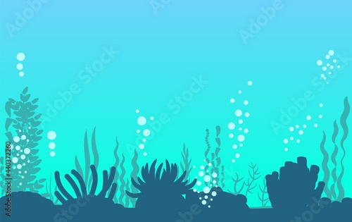 Bottom of reservoir with fish. Silhouette. Blue water. Sea ocean. Underwater landscape with plants, algae and corals. Illustration in cartoon style. Flat design. Vector art