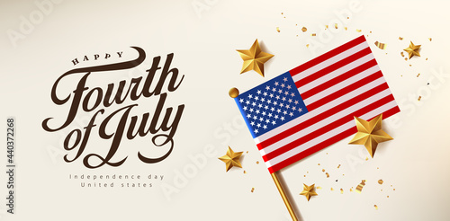 Independence day USA celebration banner with Realistic gold star and Flag of the United States. 4th of July poster template.