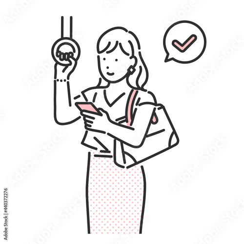 電車の中でスマホを確認する女性のイラスト素材