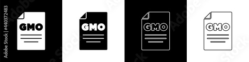 Set GMO icon isolated on black and white background. Genetically modified organism acronym. Dna food modification. Vector