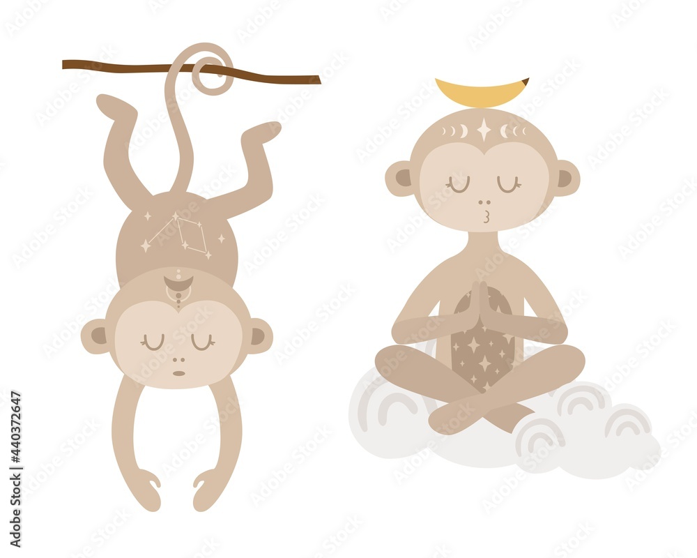 Obraz premium set of modern boho style. Vector hand drawn boho clipart for nursery. Safari animal. Perfect for baby shower, birthday, children's party. Bohemian elements. Cute animals, monkey