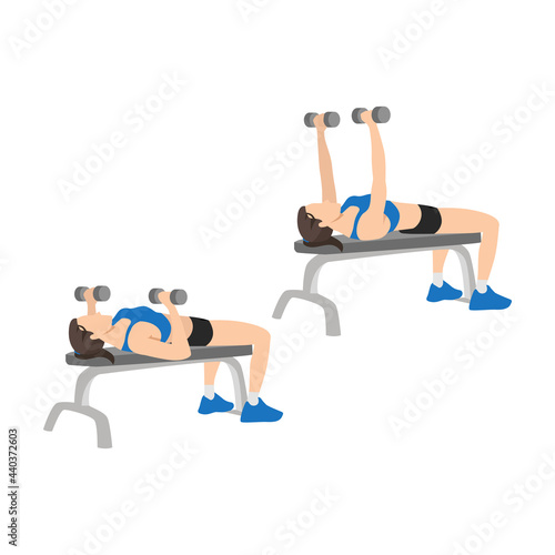 Woman doing Dumbbell flat bench press exercise. Flat vector illustration isolated on white background