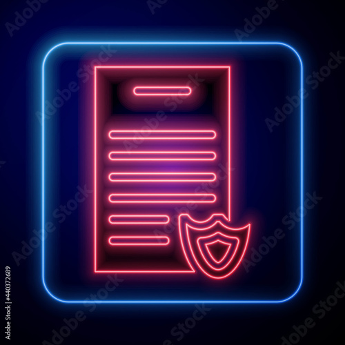 Glowing neon Firearms license certificate icon isolated on blue background. Weapon permit. Vector