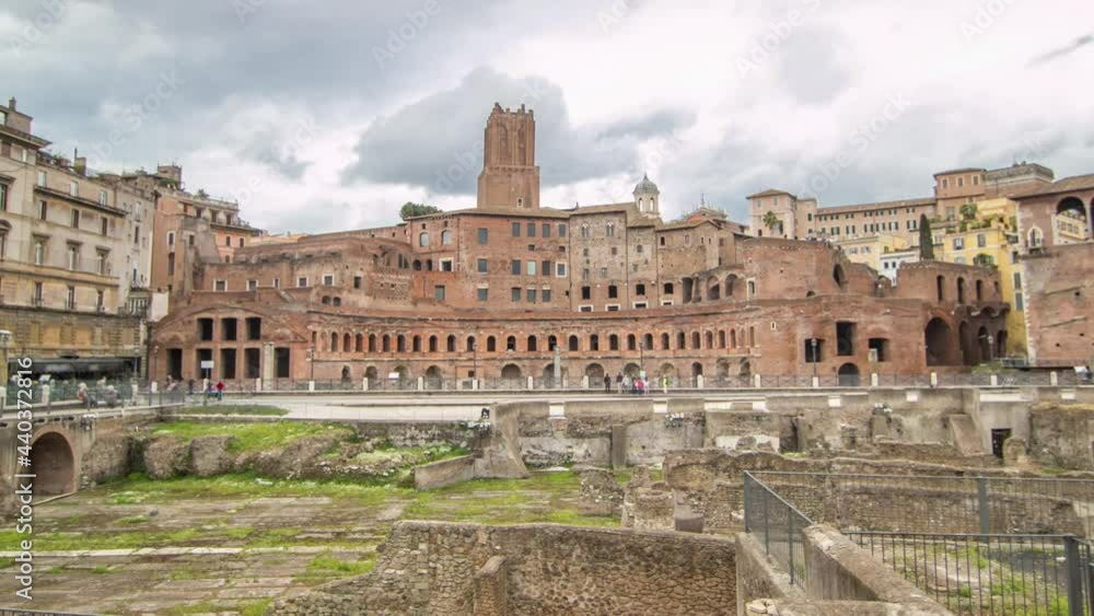 A panoramic view on Trajan's Market timelapse hyperlapse on the Via dei Fori Imperiali, in Rome, Italy A panoramic view on Trajan's Market timelapse hyperlapse on the Via dei Fori Imperiali, in Rome, Italy