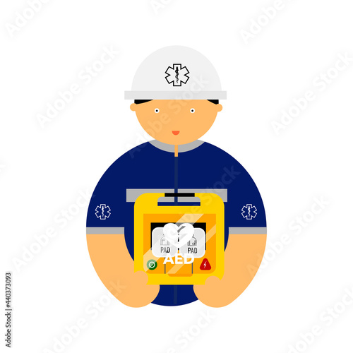 Cartoon of healthcare provider holding a AED on white background. Basic life support concept. 