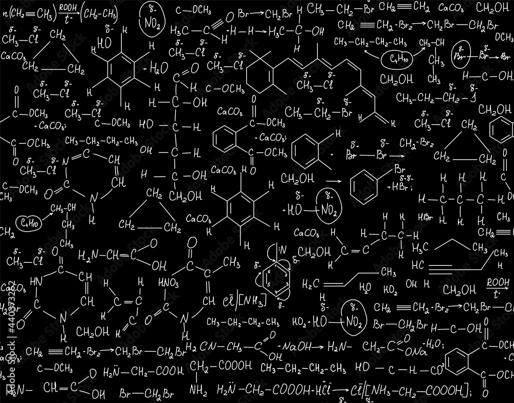 Chemistry vector seamless endless texture with handwritten chemistry formulas. Scientific educational background	
