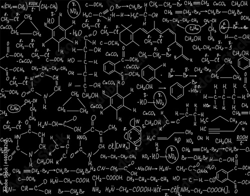 Chemistry vector seamless endless texture with handwritten chemistry formulas. Scientific educational background 