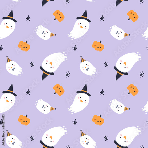 Seamless pattern for Halloween. Cute ghosts and pumpkins on pastel grape background.
