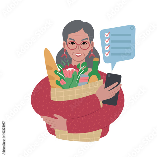 senior lady with groceries bag and a shopping list on a smartphone.