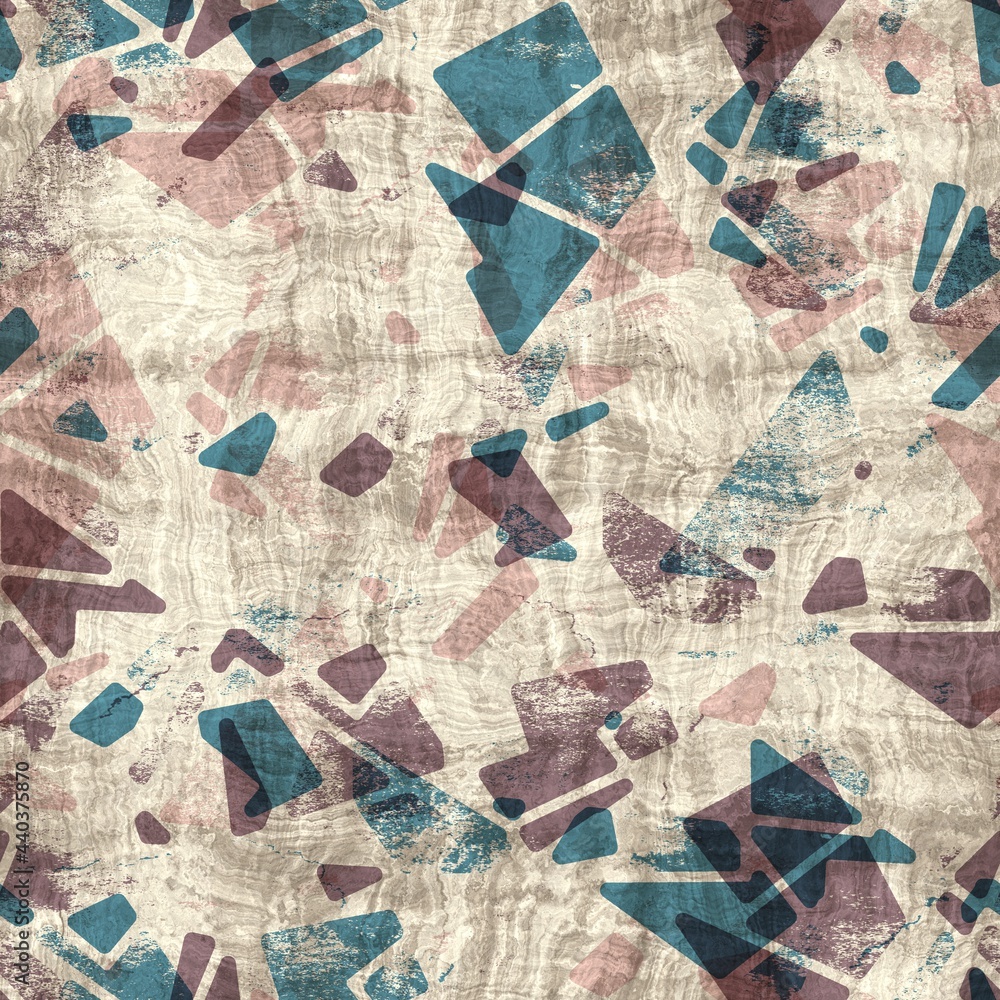 Seamless blue pink cream and navy surface pattern. High quality illustration. Overlaid and multiplied distressed and grungy worn abstract design for print. Detailed artistic repeat tile swatch.
